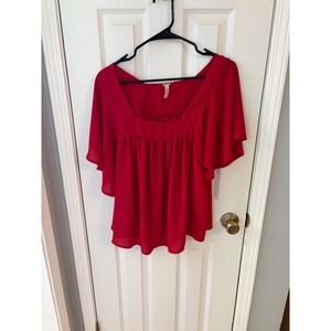True Light Blouse Womens L Red Square Neck Flutter Sleeve Babydoll Chiffon Top